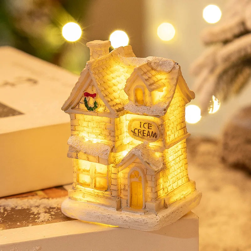 Christmas Snow House Ornament With LED Lights Resin New YChristmas Luminous Houses Figurines Snow View Xmas Gift Party Supplies