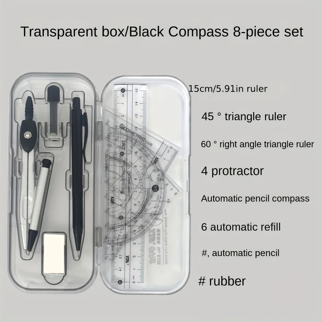 8-in-1 Mathematical Geometry Kit with Compass Ruler and Protractor, Essential for The Start of School Season