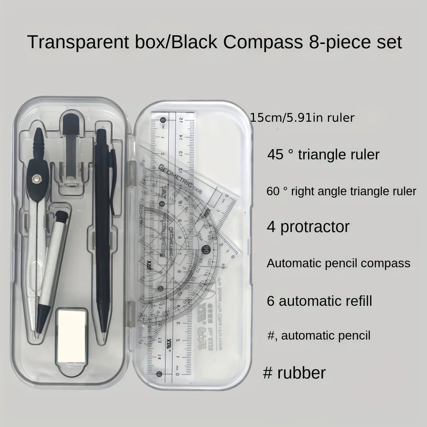 8-in-1 Mathematical Geometry Kit with Compass Ruler and Protractor, Essential for The Start of School Season