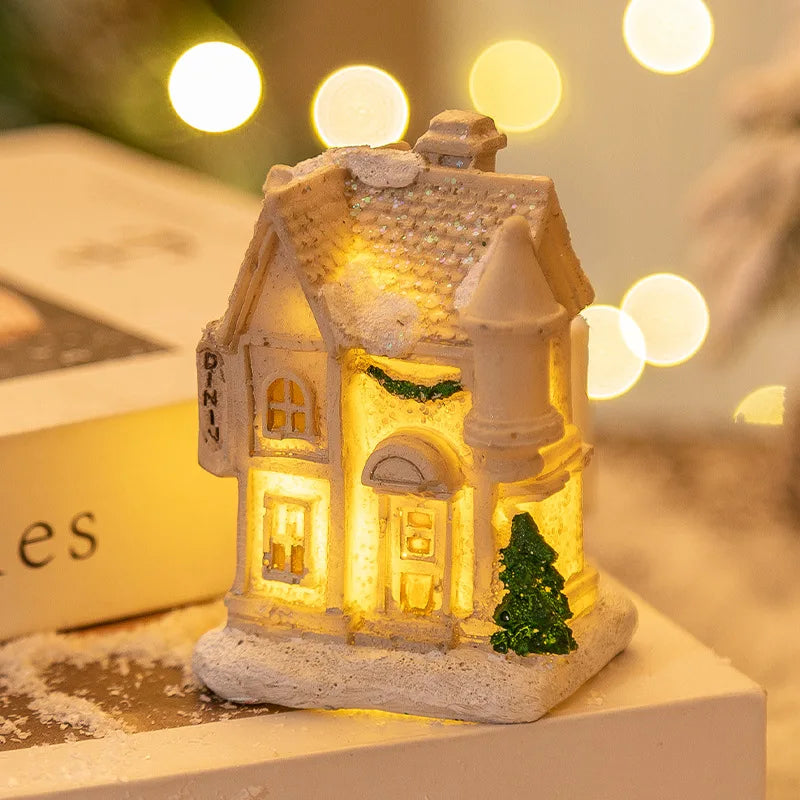 Christmas Snow House Ornament With LED Lights Resin New YChristmas Luminous Houses Figurines Snow View Xmas Gift Party Supplies