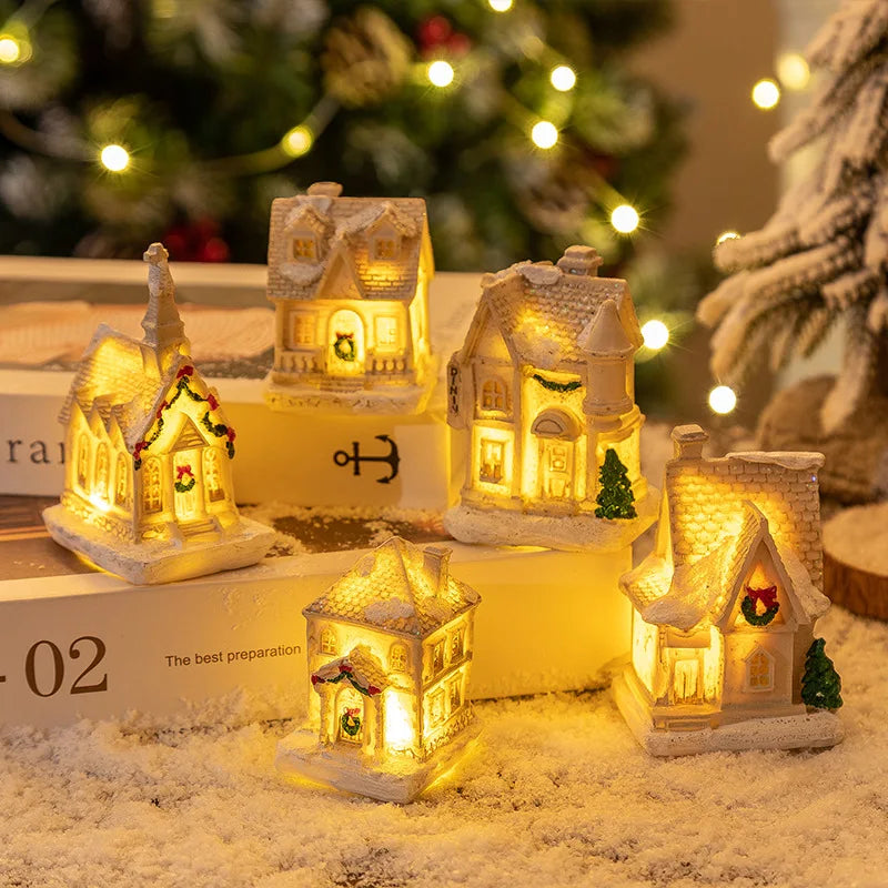 Christmas Snow House Ornament With LED Lights Resin New YChristmas Luminous Houses Figurines Snow View Xmas Gift Party Supplies