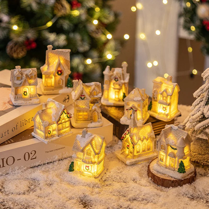Christmas Snow House Ornament With LED Lights Resin New YChristmas Luminous Houses Figurines Snow View Xmas Gift Party Supplies