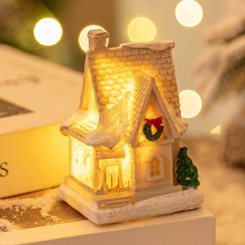 Christmas Snow House Ornament With LED Lights Resin New YChristmas Luminous Houses Figurines Snow View Xmas Gift Party Supplies