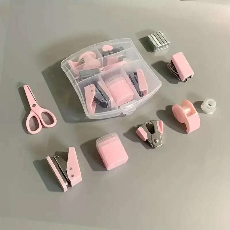 8 Pcs Cute Mini Office School Supply Kit for Kids Stationery School Tools with Scissors Tape Dispenser Set Punch Sharpener,etc