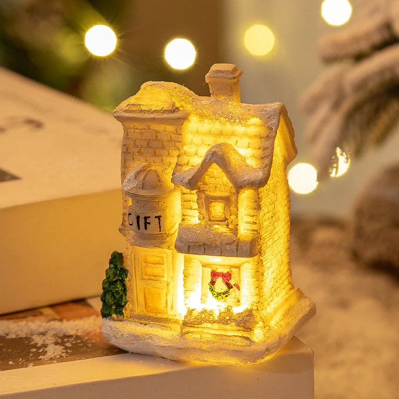 Christmas Snow House Ornament With LED Lights Resin New YChristmas Luminous Houses Figurines Snow View Xmas Gift Party Supplies
