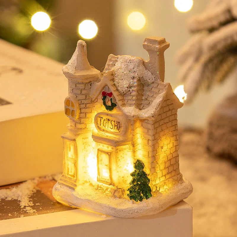 Christmas Snow House Ornament With LED Lights Resin New YChristmas Luminous Houses Figurines Snow View Xmas Gift Party Supplies