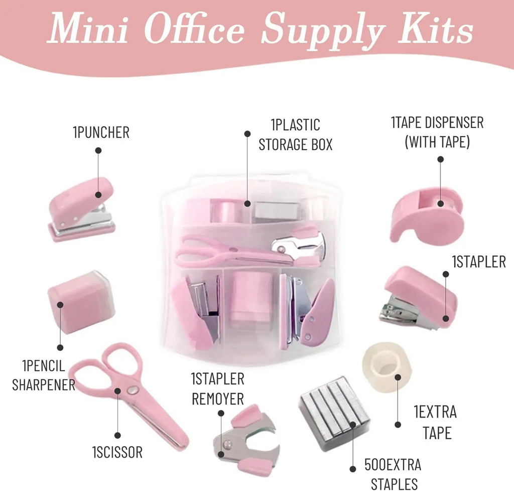 8 Pcs Cute Mini Office School Supply Kit for Kids Stationery School Tools with Scissors Tape Dispenser Set Punch Sharpener,etc