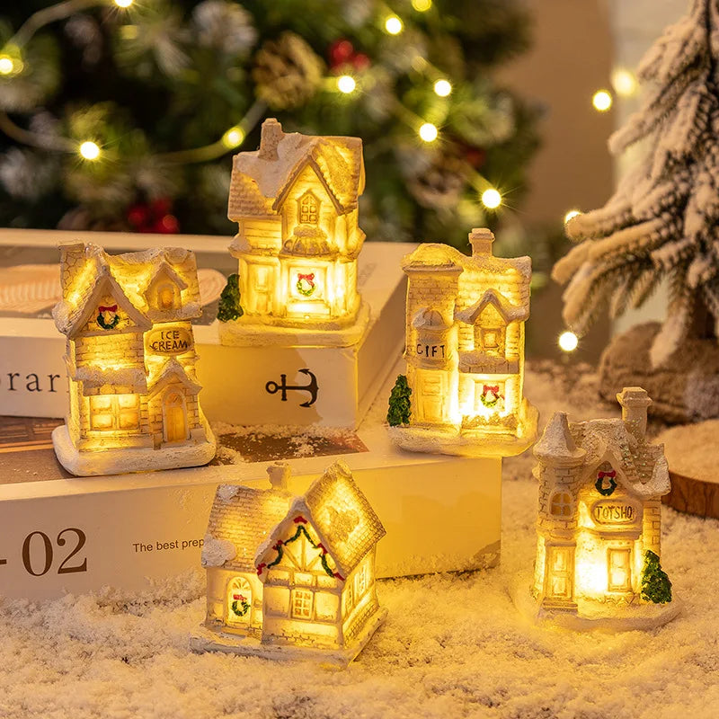Christmas Snow House Ornament With LED Lights Resin New YChristmas Luminous Houses Figurines Snow View Xmas Gift Party Supplies