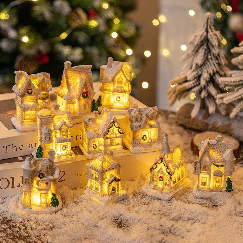 Christmas Snow House Ornament With LED Lights Resin New YChristmas Luminous Houses Figurines Snow View Xmas Gift Party Supplies