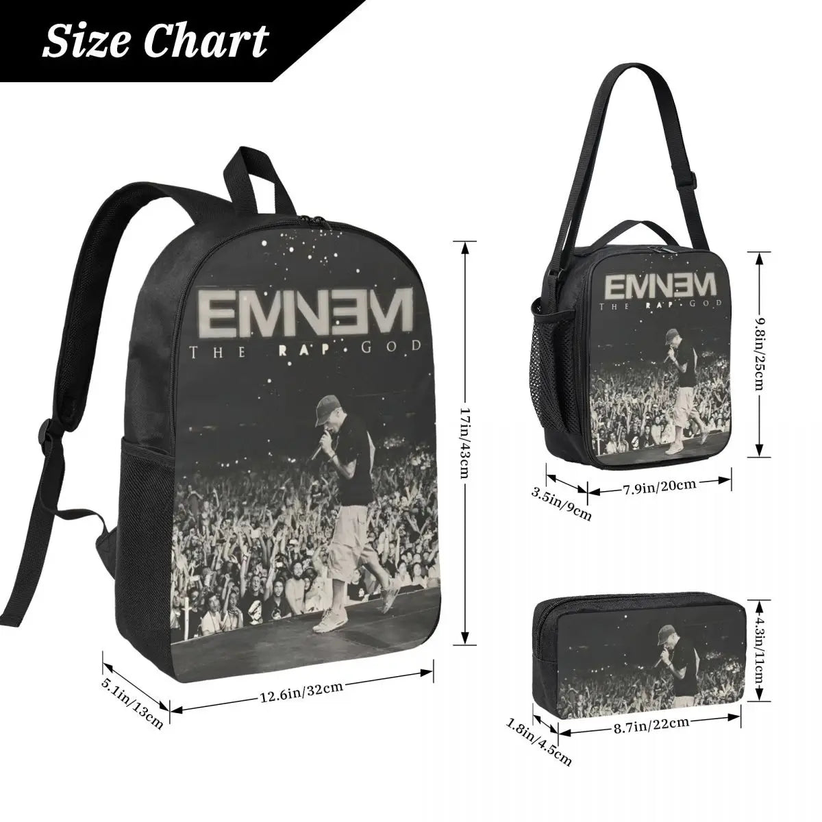 3Pcs Eminem Slim Shady School bags Set for Boy Girl Pen Bags Backpack Sets with Lunch Box For Primary School