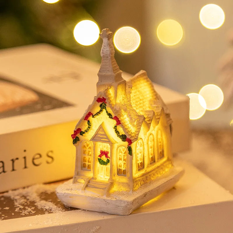 Christmas Snow House Ornament With LED Lights Resin New YChristmas Luminous Houses Figurines Snow View Xmas Gift Party Supplies