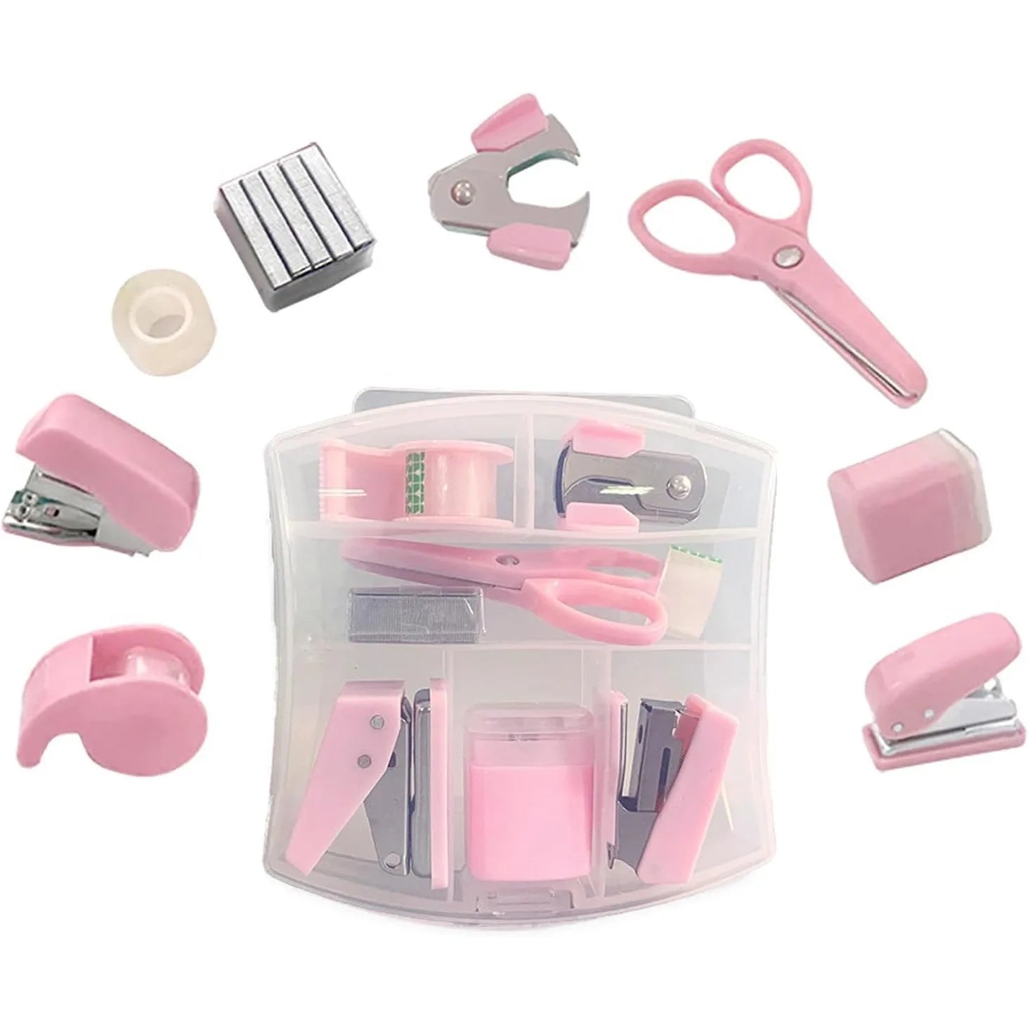 8 Pcs Cute Mini Office School Supply Kit for Kids Stationery School Tools with Scissors Tape Dispenser Set Punch Sharpener,etc