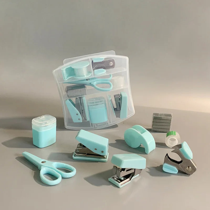 8 Pcs Cute Mini Office School Supply Kit for Kids Stationery School Tools with Scissors Tape Dispenser Set Punch Sharpener,etc