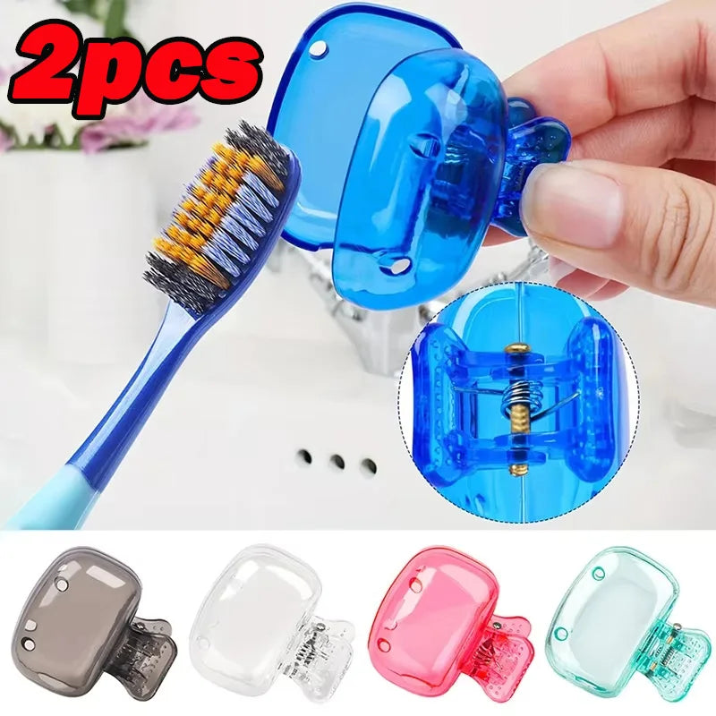 2pcs Travel Toothbrush Head Covers Portable Toothbrush Protector Cap Travel Essential Toothbrush Plastic Clip Travel Organizer